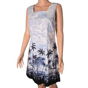 Vintage Shannon Marie Hawaii Dress NWT Large‎ Blue Cloud Palm Tree Border Print